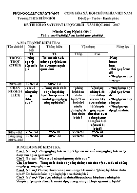 Đề khảo sát chất lượng học kỳ 2 môn Công nghệ Lớp 7 - Năm học 2016-2017 - Trường THCS Biên Giới (Có đáp án)